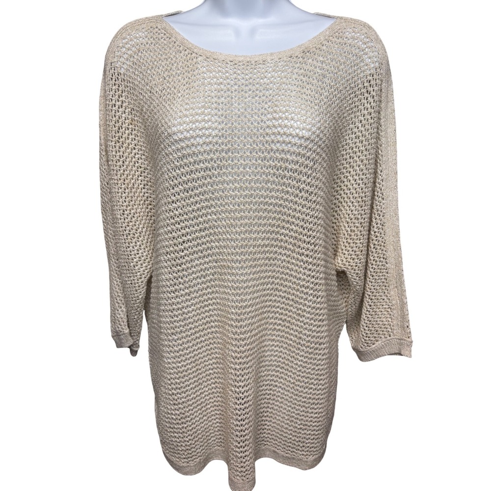 J. JILL Women Beige Open Knit Crochet Sweater M Batwing Boho Minimalist Layering